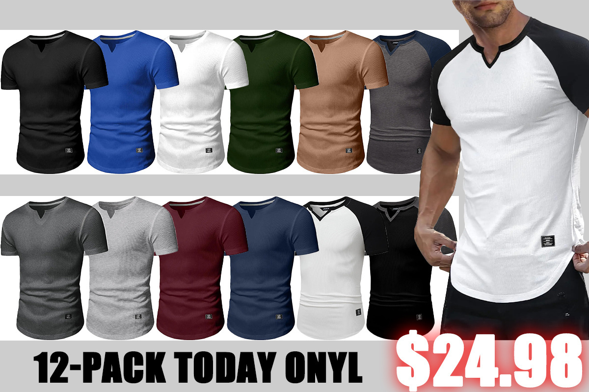 🔥Men's 12-Pack Cotton Longline Henley V-Neck T-Shirts