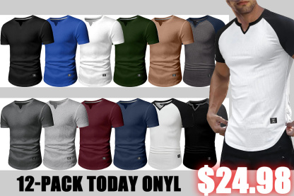 🔥Men's 12-Pack Cotton Longline Henley V-Neck T-Shirts