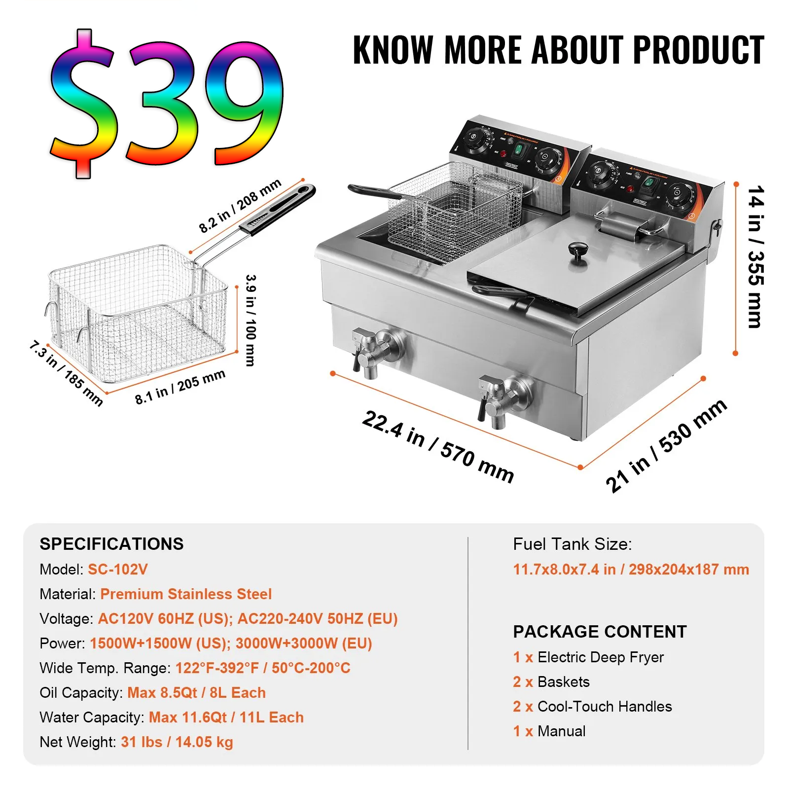 ⚡️Factory wholesale promotion 80% OFF⚡️ Commercial Deep Fryer, Dual Tank 3000W Electric Countertop Fryer with Basket, 2 x 11.6Qt/11L Double Stainless Steel Oil Fryer with Oil Filtration, Time & Temp Control, for Kitchen Restaurant Use