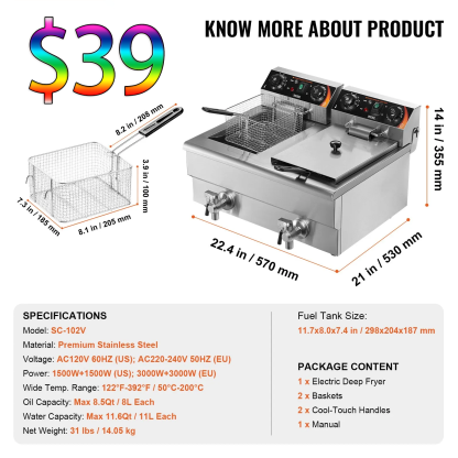 ⚡️Factory wholesale promotion 80% OFF⚡️ Commercial Deep Fryer, Dual Tank 3000W Electric Countertop Fryer with Basket, 2 x 11.6Qt/11L Double Stainless Steel Oil Fryer with Oil Filtration, Time & Temp Control, for Kitchen Restaurant Use
