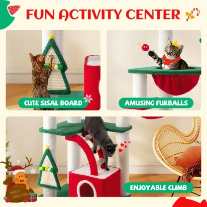 Spring Sale💥Christmas Tree Cat Tower with Ornament Balls & Cozy Condo