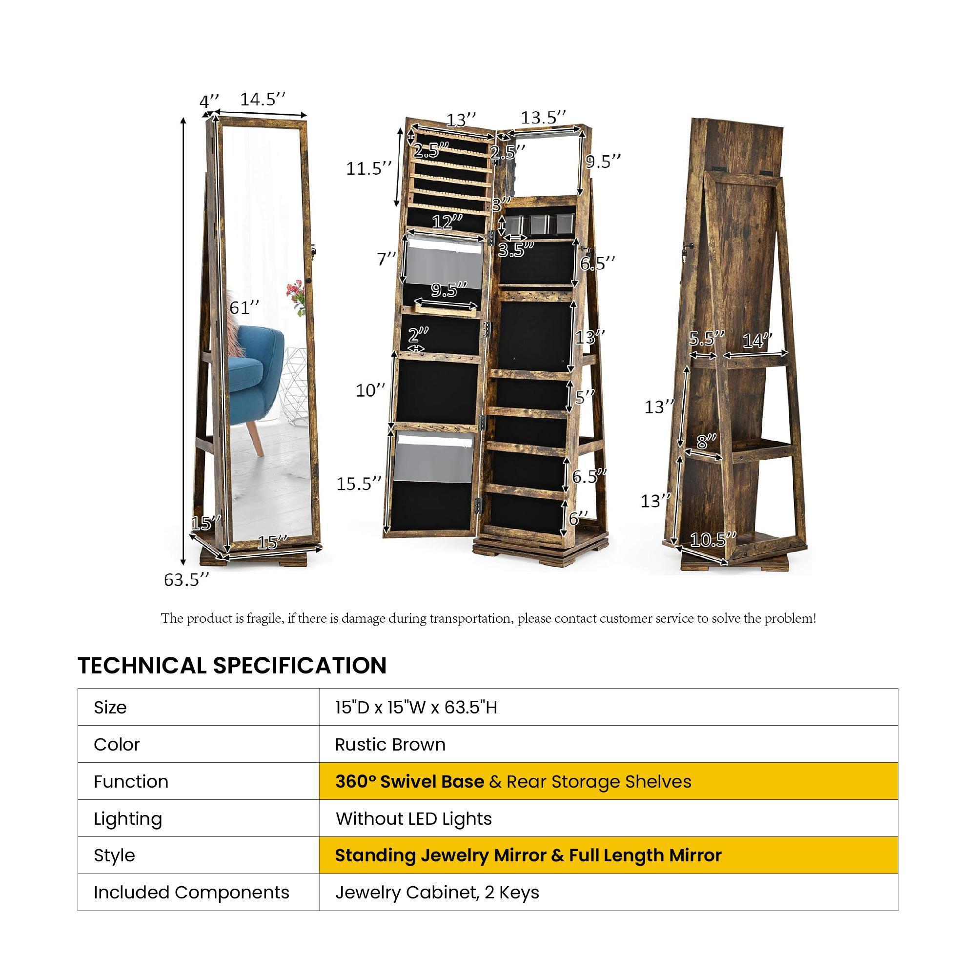 COSTWAY 360&deg; Swivel Jewelry Armoire with Full Length Mirror, Rear Storage Shelves, Lockable Standing Jewelry Cabinet Organizer with Interior Vanity Mirror and 3-Color Lights, Christmas Festival Gift Black Friday Cyber Monday