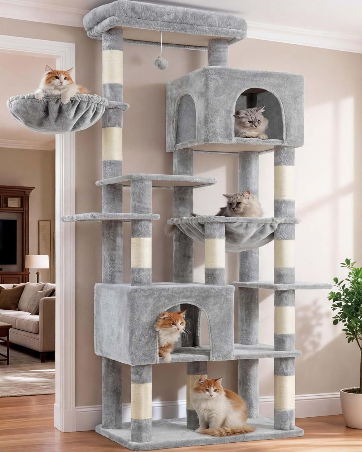 Heybly Cat Tree, 76-Inch Tall Heavy Duty Cat Tower for Big Cats with Extra Wide Baseboard, Multi-Level Large Cat Furniture with 2 Condos & 2 Hammocks, 10 Scratching Posts, Smoky Gray HCT039G