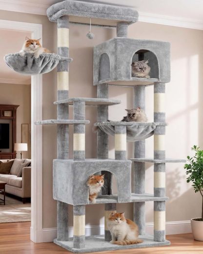 Heybly Cat Tree, 76-Inch Tall Heavy Duty Cat Tower for Big Cats with Extra Wide Baseboard, Multi-Level Large Cat Furniture with 2 Condos & 2 Hammocks, 10 Scratching Posts, Smoky Gray HCT039G