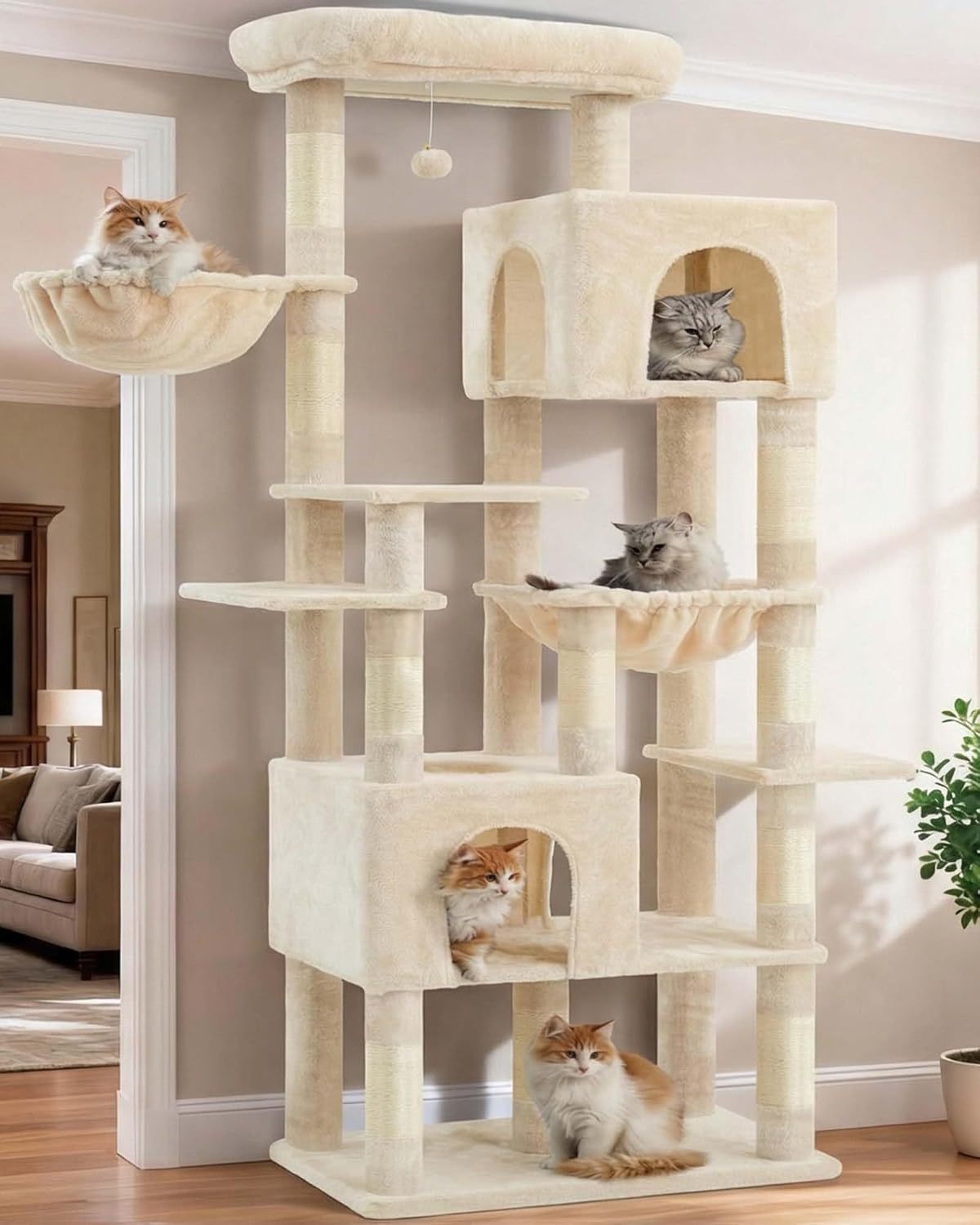 Heybly Cat Tree, 76-Inch Tall Heavy Duty Cat Tower for Big Cats with Extra Wide Baseboard, Multi-Level Large Cat Furniture with 2 Condos & 2 Hammocks, 10 Scratching Posts, Smoky Gray HCT039G