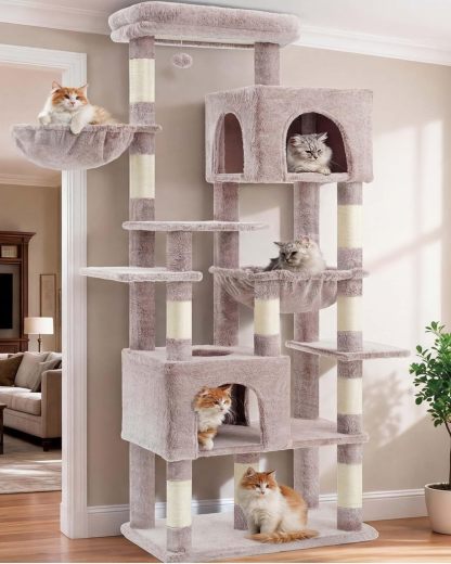 Heybly Cat Tree, 76-Inch Tall Heavy Duty Cat Tower for Big Cats with Extra Wide Baseboard, Multi-Level Large Cat Furniture with 2 Condos & 2 Hammocks, 10 Scratching Posts, Smoky Gray HCT039G