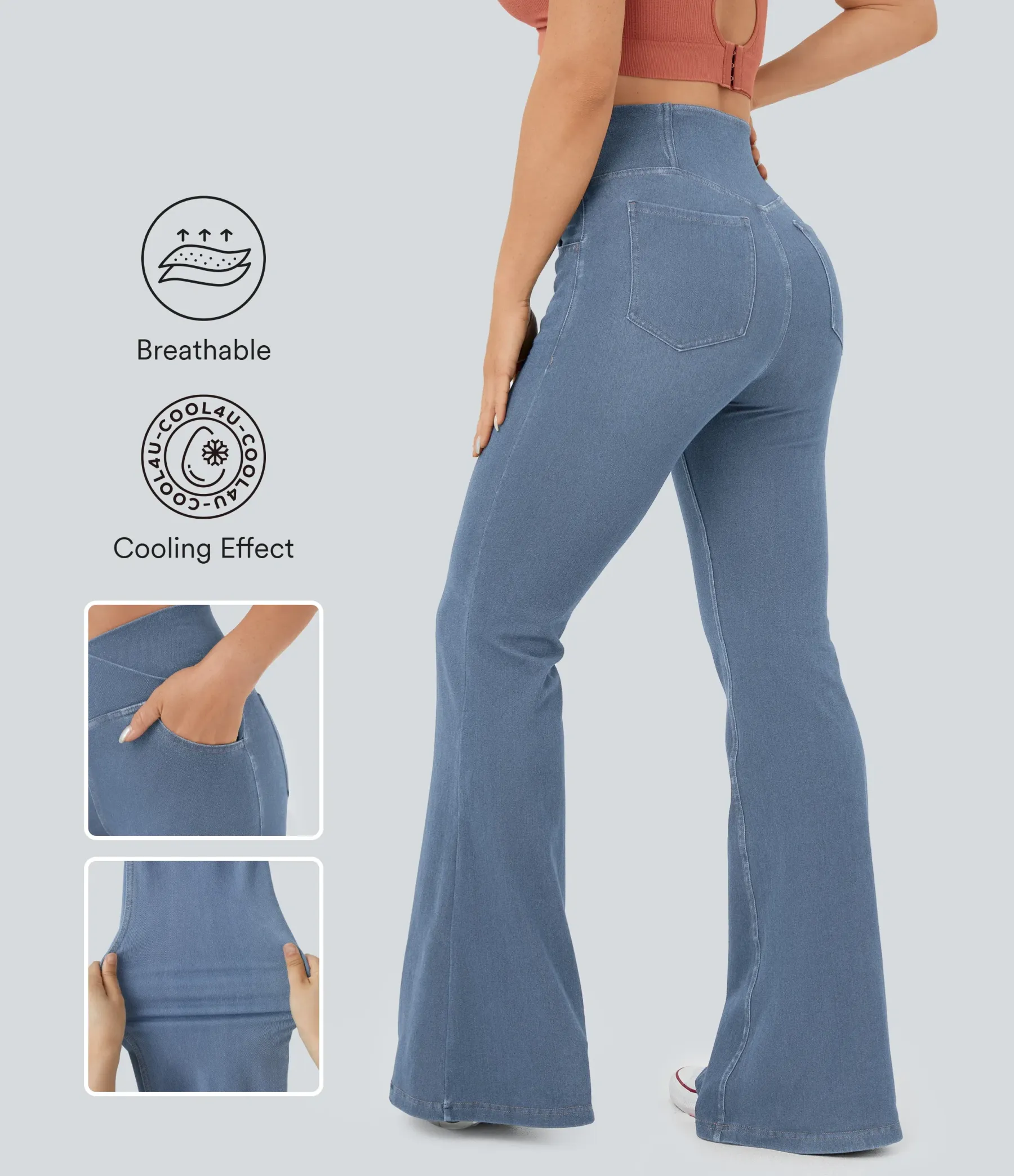 LBF-⚡High Waisted Crossover Pocket Washed Stretchy Knit Casual Super Flare Jeans⚡