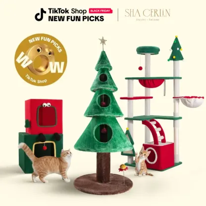 Spring Sale💥Christmas Tree Cat Tower with Ornament Balls & Cozy Condo