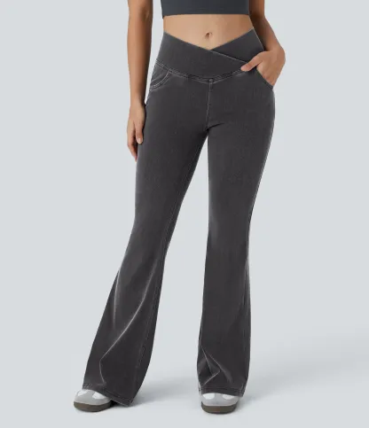 LBF-⚡High Waisted Crossover Pocket Washed Stretchy Knit Casual Super Flare Jeans⚡