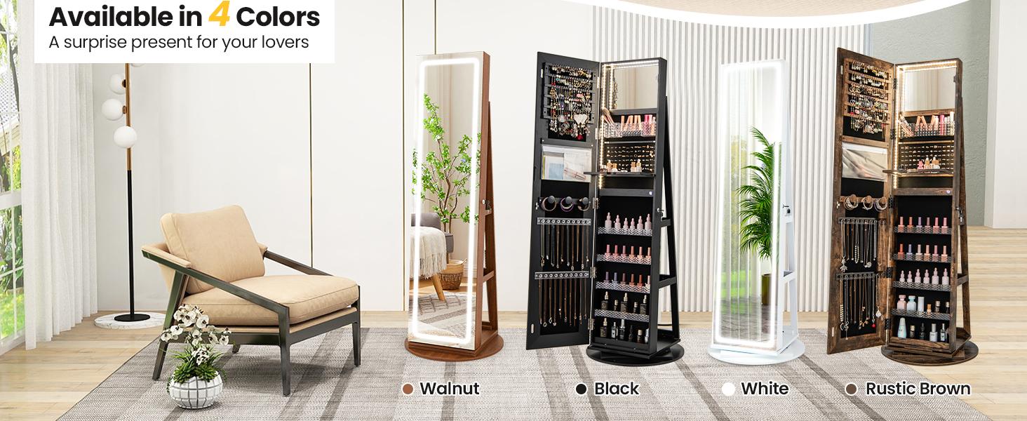 COSTWAY 360&deg; Swivel Jewelry Armoire with Full Length Mirror, Rear Storage Shelves, Lockable Standing Jewelry Cabinet Organizer with Interior Vanity Mirror and 3-Color Lights, Christmas Festival Gift Black Friday Cyber Monday