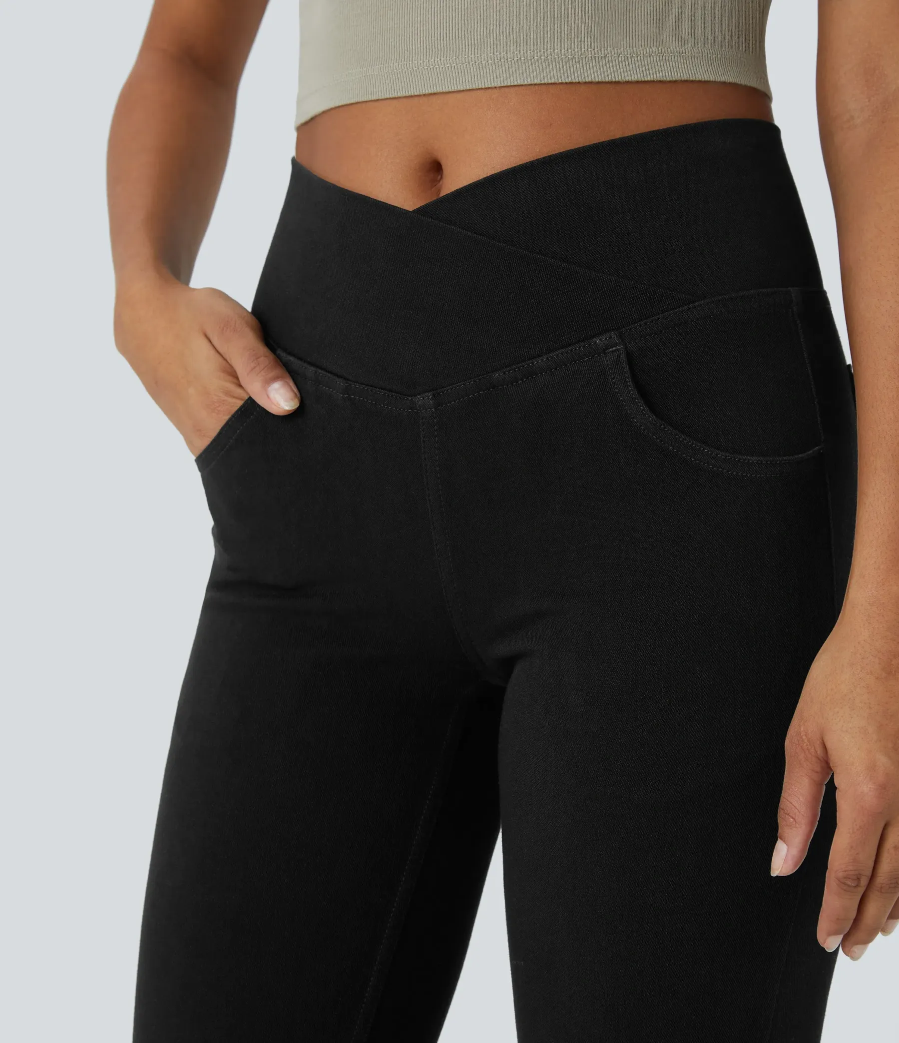 LBF-⚡High Waisted Crossover Pocket Washed Stretchy Knit Casual Super Flare Jeans⚡