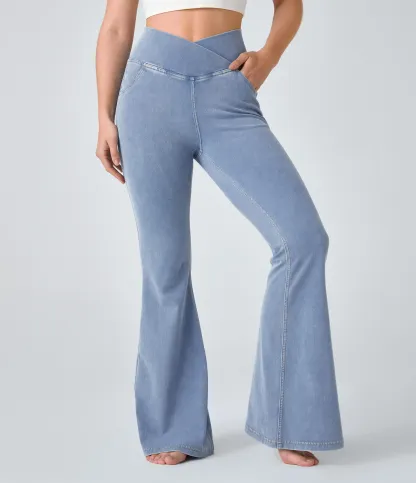 LBF-⚡High Waisted Crossover Pocket Washed Stretchy Knit Casual Super Flare Jeans⚡
