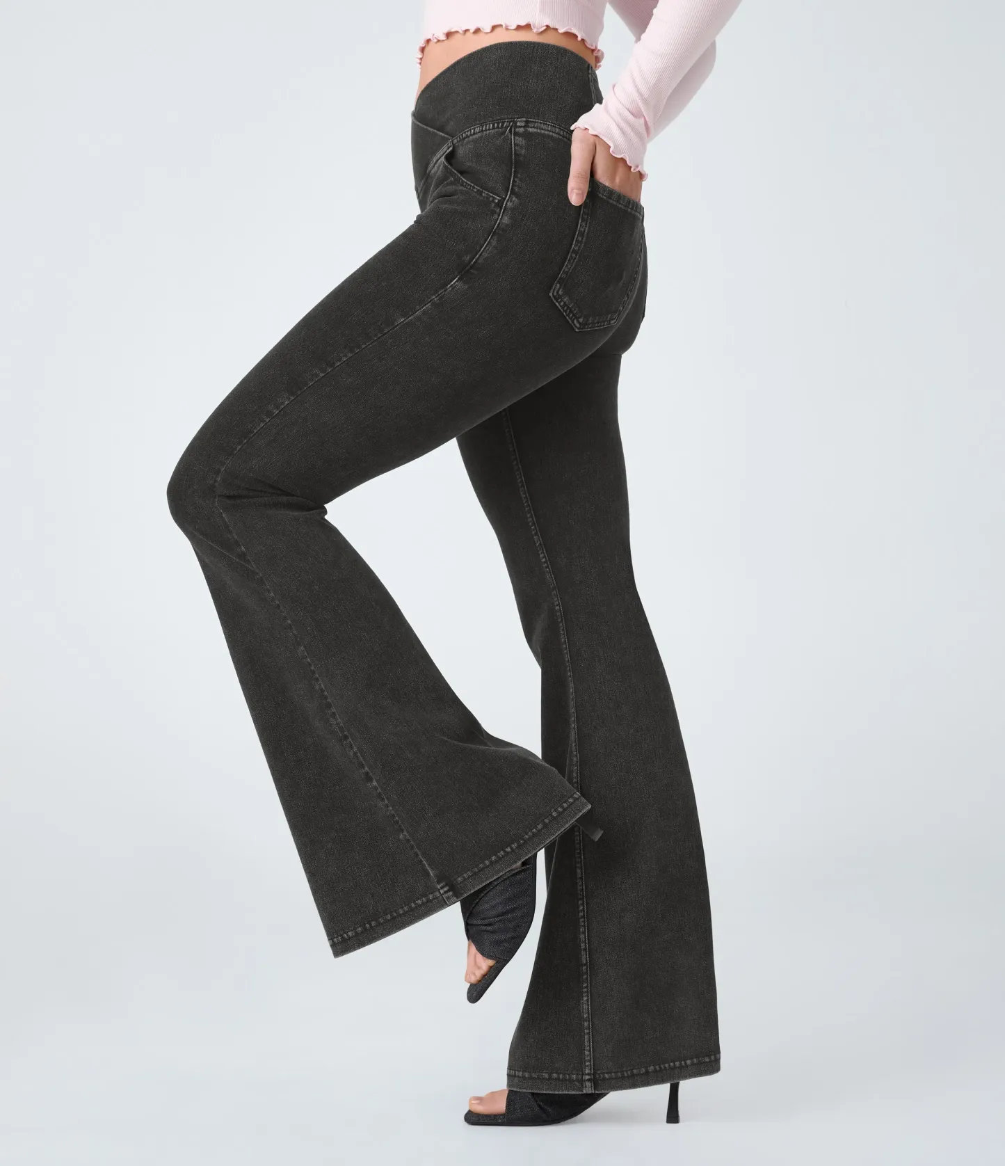 LBF-⚡High Waisted Crossover Pocket Washed Stretchy Knit Casual Super Flare Jeans⚡