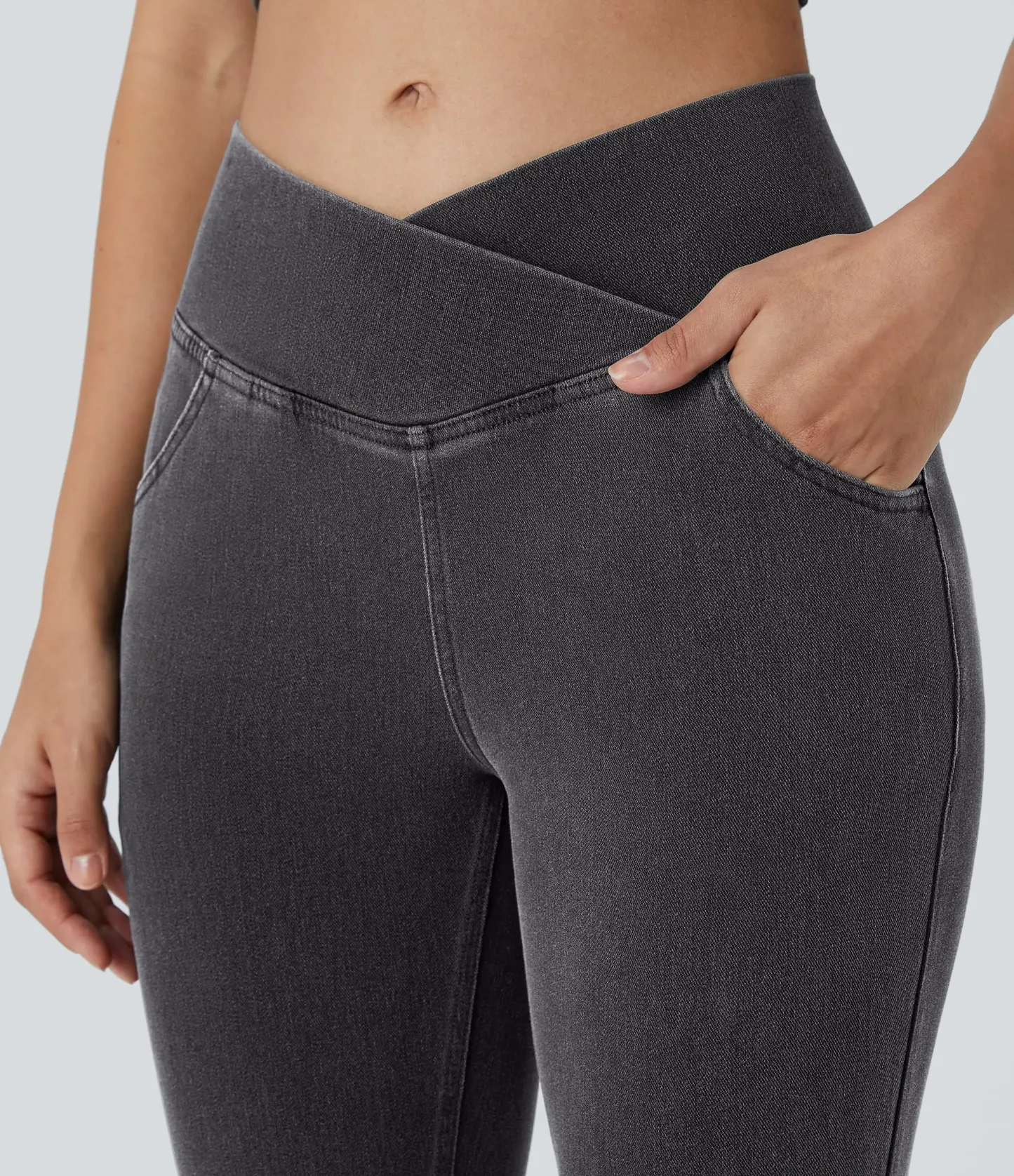 LBF-⚡High Waisted Crossover Pocket Washed Stretchy Knit Casual Super Flare Jeans⚡