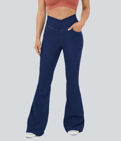 LBF-⚡High Waisted Crossover Pocket Washed Stretchy Knit Casual Super Flare Jeans⚡