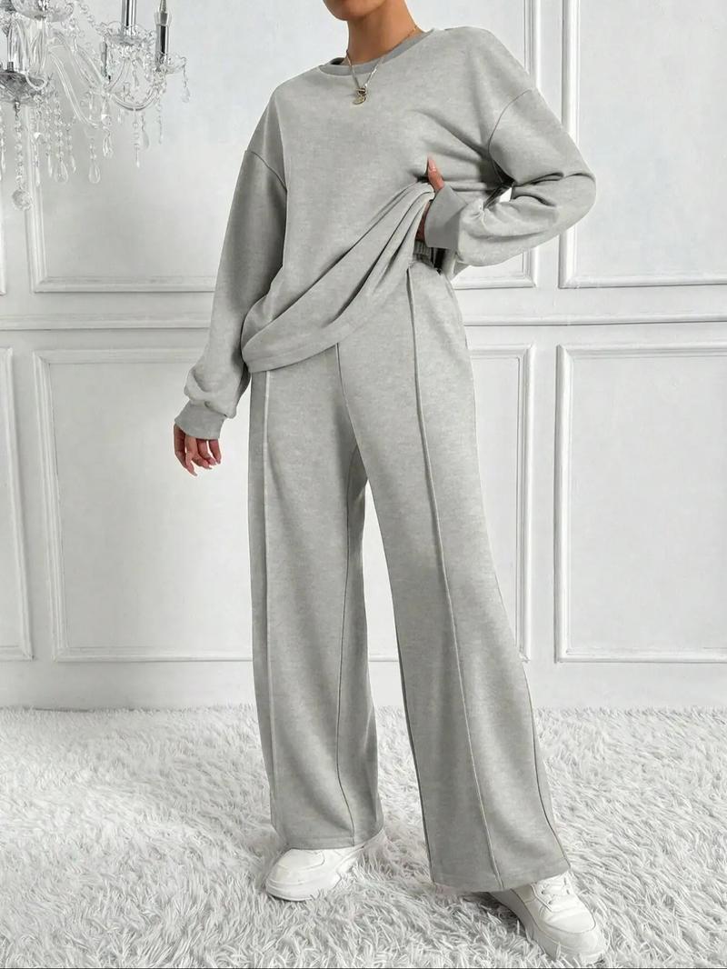 Women's Solid Color Drop Shoulder Sweatshirt & Elastic Waist Pants Two-piece Set, Casual Fashion Cozy Breathable Two Piece Outfits for Daily Outdoor Wear, Women Clothes for Spring & Fall