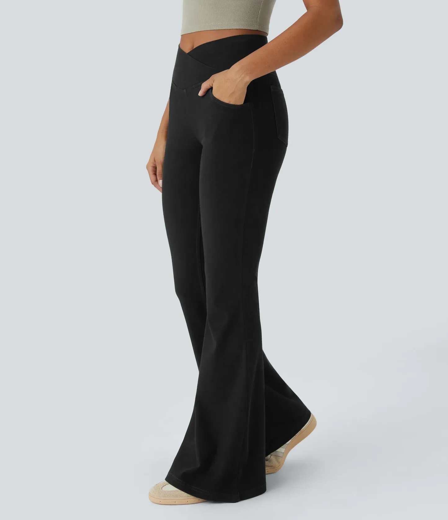 LBF-⚡High Waisted Crossover Pocket Washed Stretchy Knit Casual Super Flare Jeans⚡