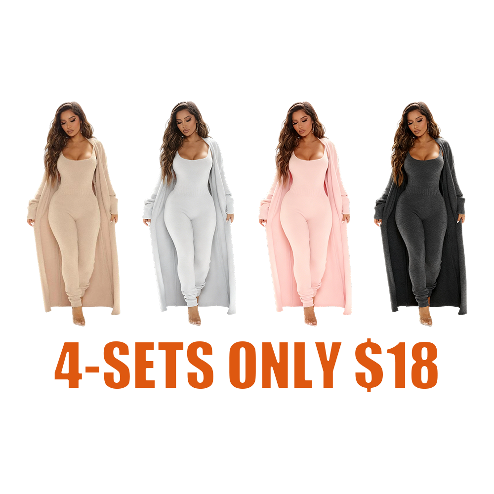 ZZW-Cozy Knit Jumpsuit & Long Cardigan Set