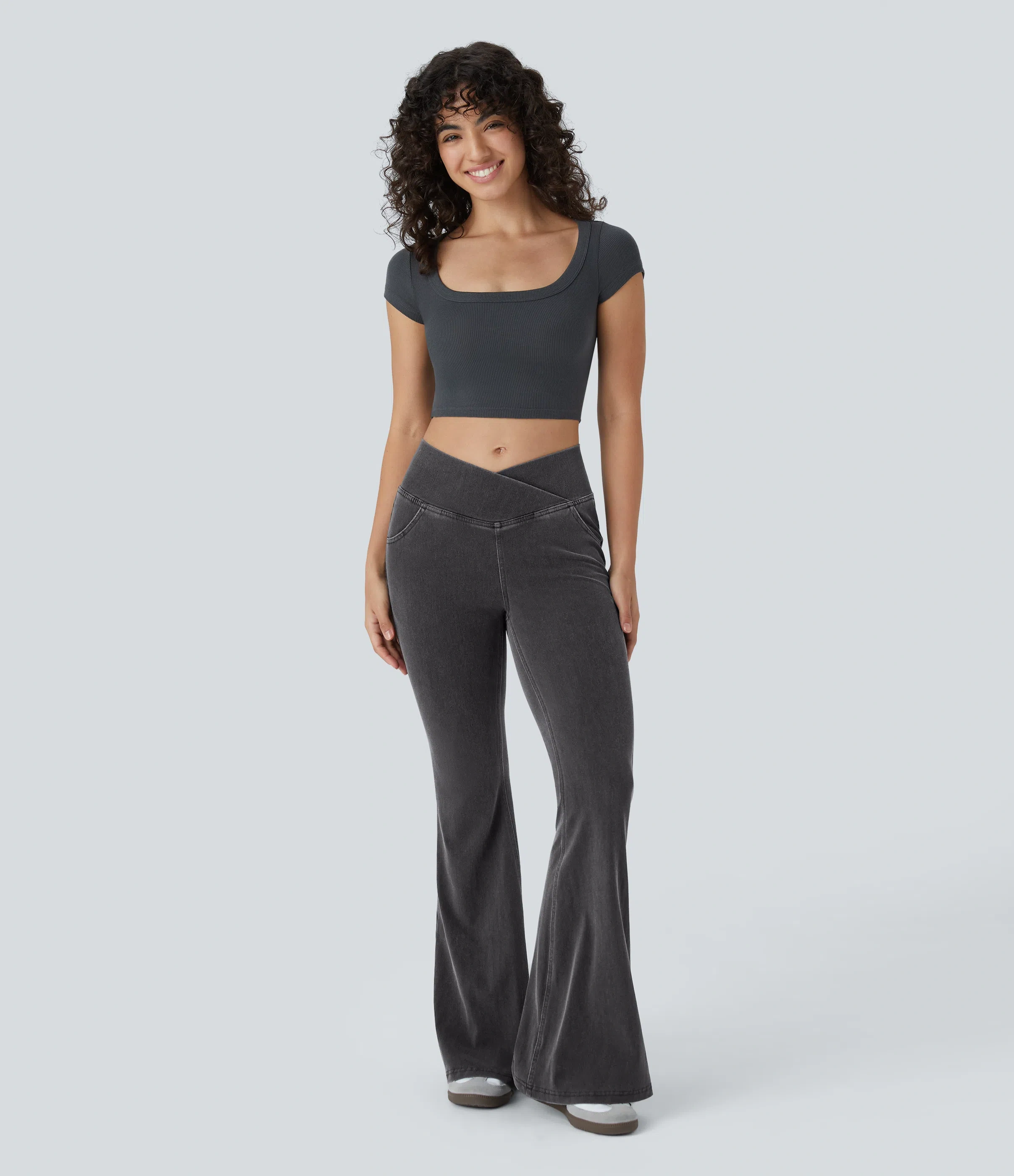 LBF-⚡High Waisted Crossover Pocket Washed Stretchy Knit Casual Super Flare Jeans⚡