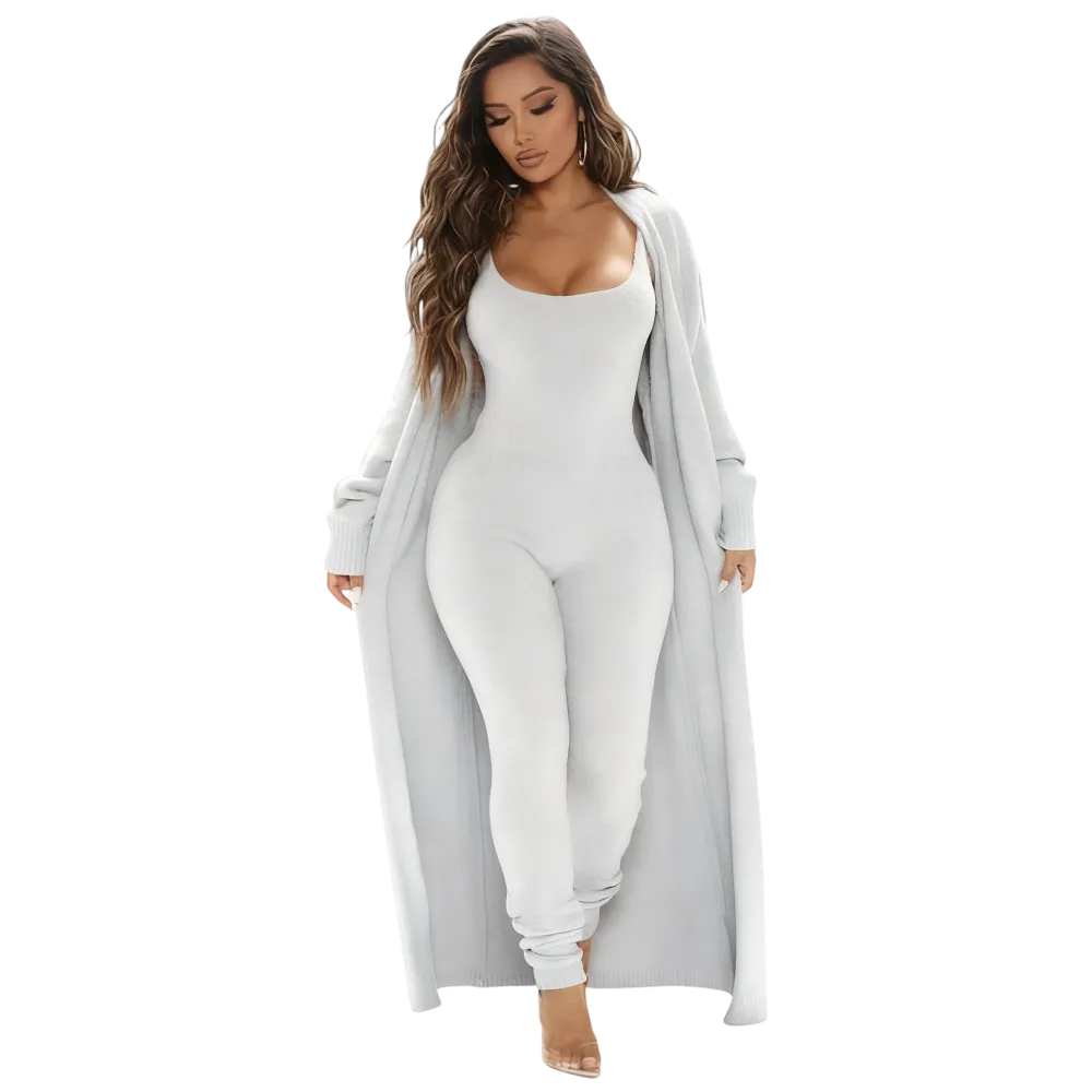 ZZW-Cozy Knit Jumpsuit & Long Cardigan Set