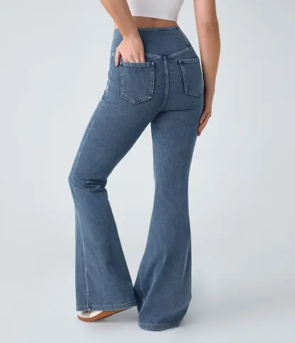 LBF-⚡High Waisted Crossover Pocket Washed Stretchy Knit Casual Super Flare Jeans⚡