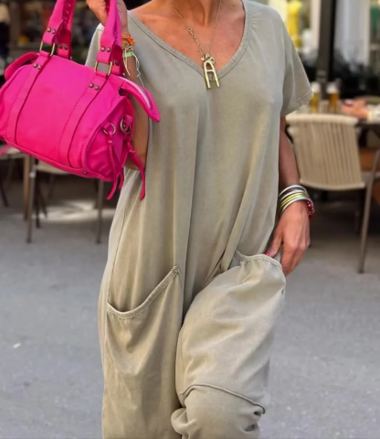 Casual V-neck Solid Color Jumpsuit