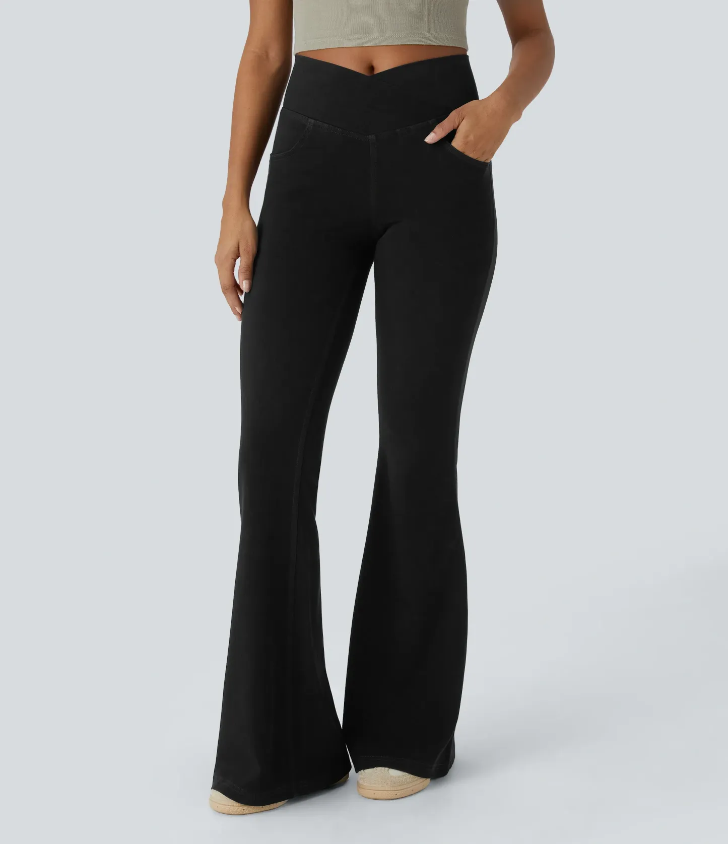 LBF-⚡High Waisted Crossover Pocket Washed Stretchy Knit Casual Super Flare Jeans⚡