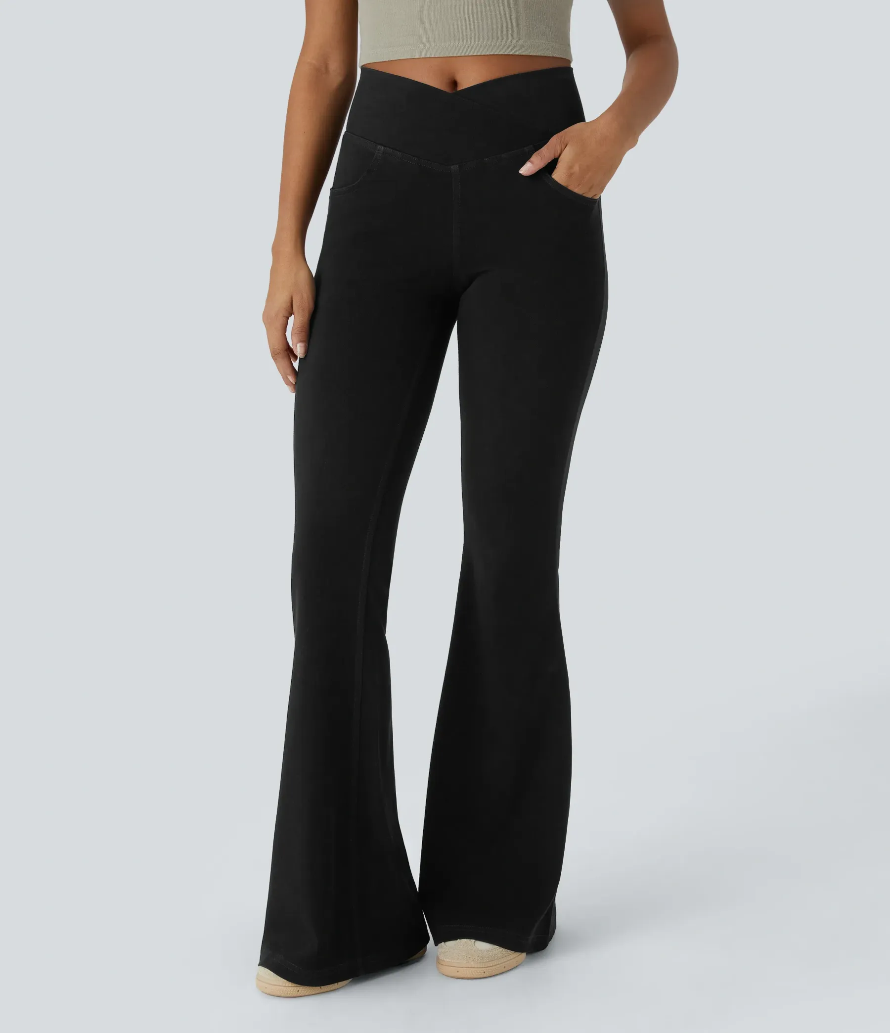 LBF-⚡High Waisted Crossover Pocket Washed Stretchy Knit Casual Super Flare Jeans⚡