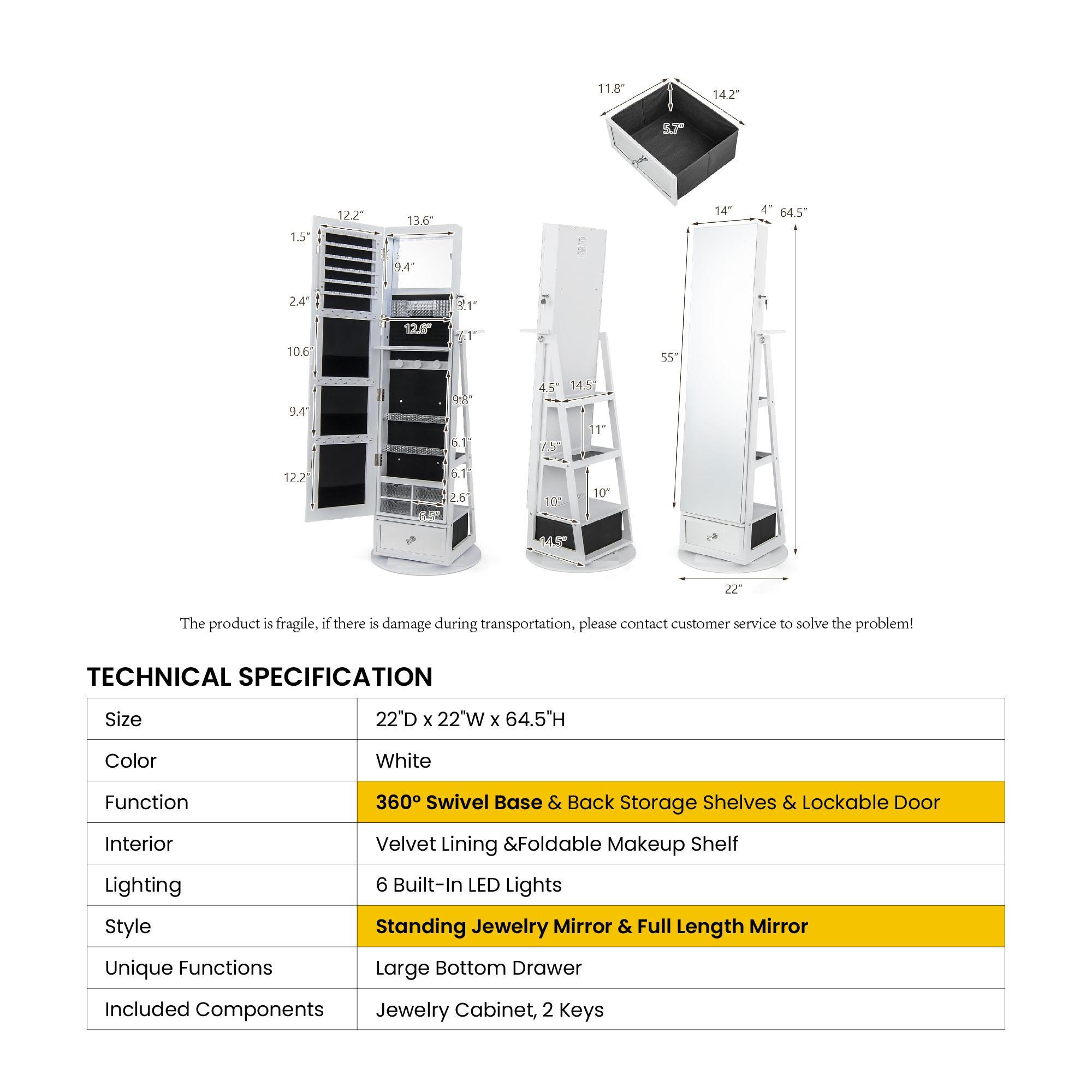 COSTWAY 360&deg; Swivel Jewelry Armoire with Full Length Mirror, Rear Storage Shelves, Lockable Standing Jewelry Cabinet Organizer with Interior Vanity Mirror and 3-Color Lights, Christmas Festival Gift Black Friday Cyber Monday