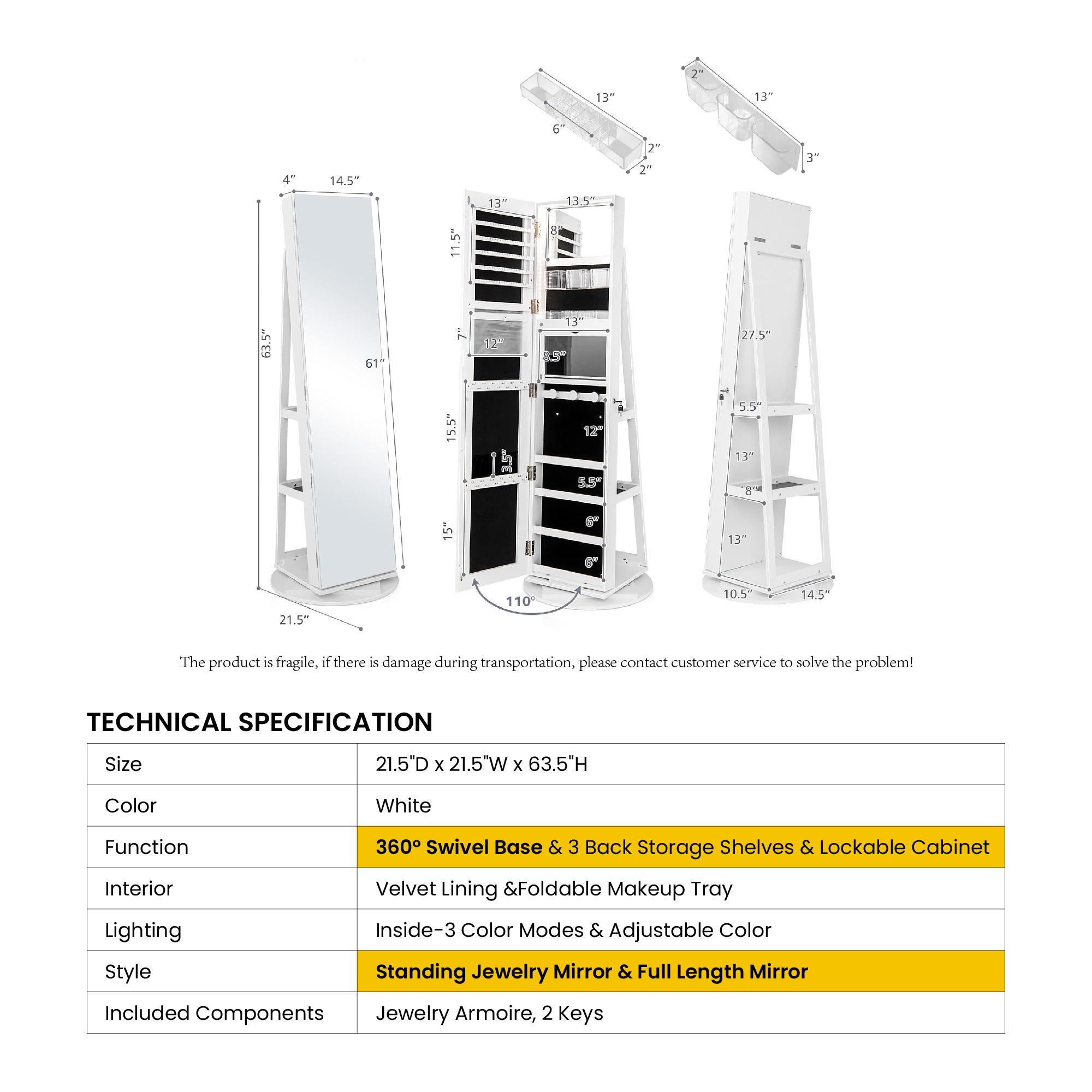 COSTWAY 360&deg; Swivel Jewelry Armoire with Full Length Mirror, Rear Storage Shelves, Lockable Standing Jewelry Cabinet Organizer with Interior Vanity Mirror and 3-Color Lights, Christmas Festival Gift Black Friday Cyber Monday