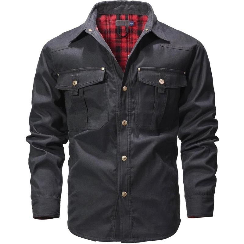 Men's Flannel Lined Shacket Jacket Plaid Brushed Lining Cowboy Western Twill Outdoor Shirt Jacket