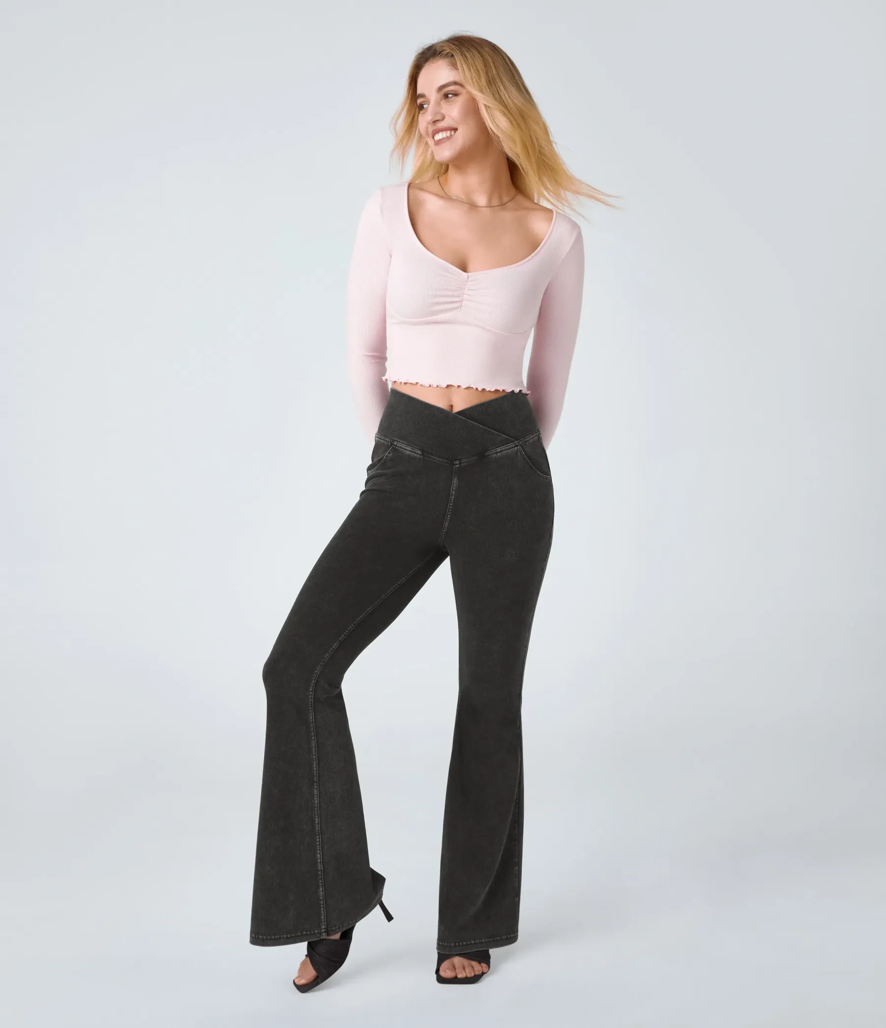 LBF-⚡High Waisted Crossover Pocket Washed Stretchy Knit Casual Super Flare Jeans⚡