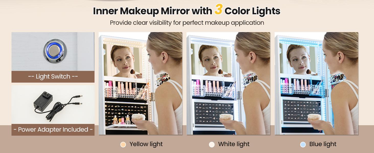 COSTWAY 360&deg; Swivel Jewelry Armoire with Full Length Mirror, Rear Storage Shelves, Lockable Standing Jewelry Cabinet Organizer with Interior Vanity Mirror and 3-Color Lights, Christmas Festival Gift Black Friday Cyber Monday