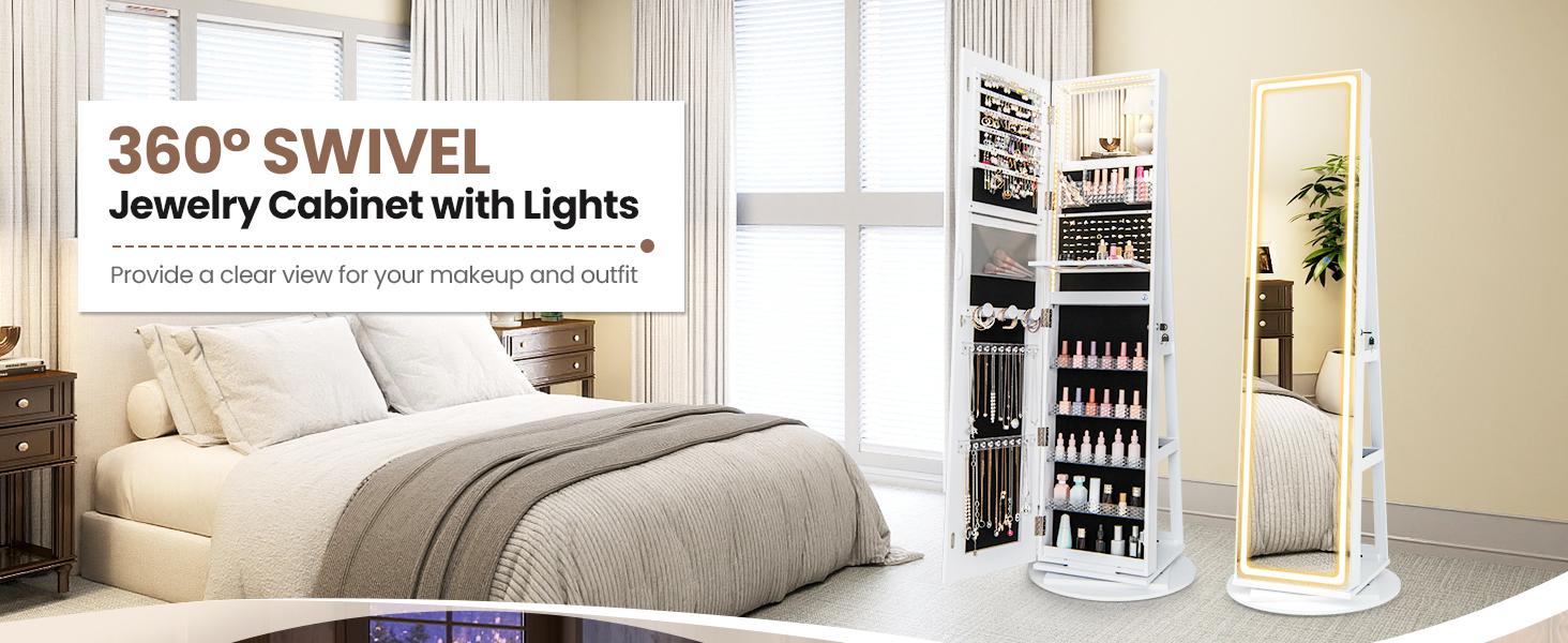 COSTWAY 360&deg; Swivel Jewelry Armoire with Full Length Mirror, Rear Storage Shelves, Lockable Standing Jewelry Cabinet Organizer with Interior Vanity Mirror and 3-Color Lights, Christmas Festival Gift Black Friday Cyber Monday