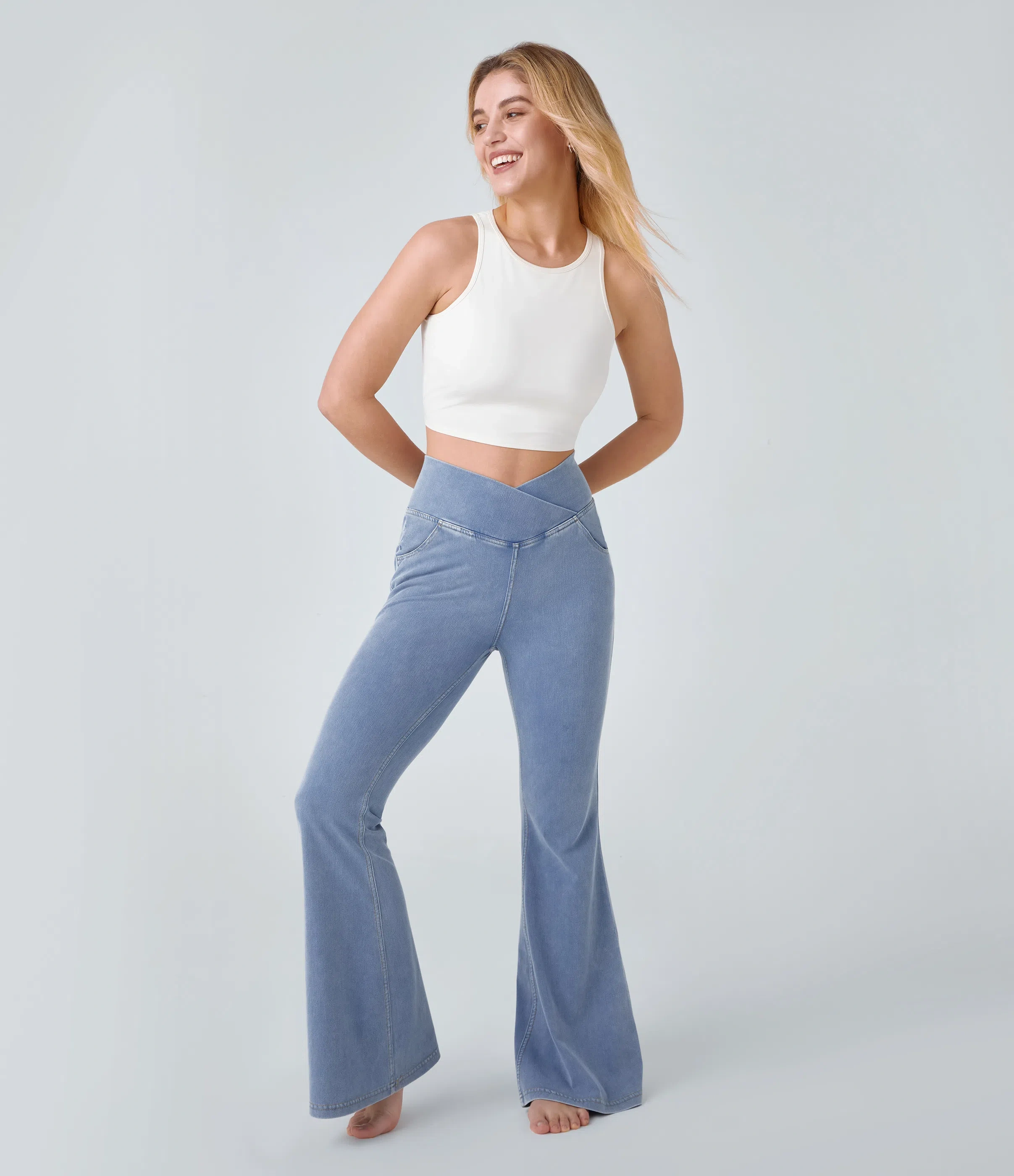 LBF-⚡High Waisted Crossover Pocket Washed Stretchy Knit Casual Super Flare Jeans⚡