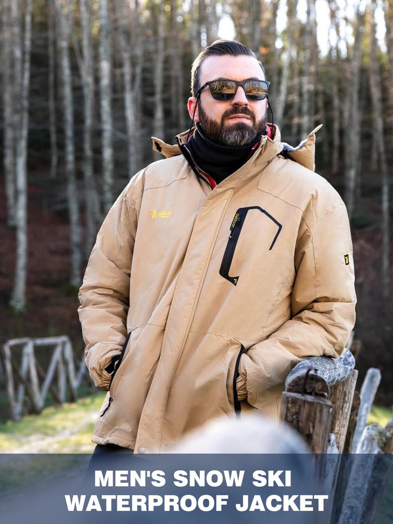 GOPUNE Men's Ski Snow Jacket Waterproof Insulated Fleece Outdoor Mountain Hooded Winter Coat Sporty Breathable Outerwear big tall men clothing Size up to XXXXL