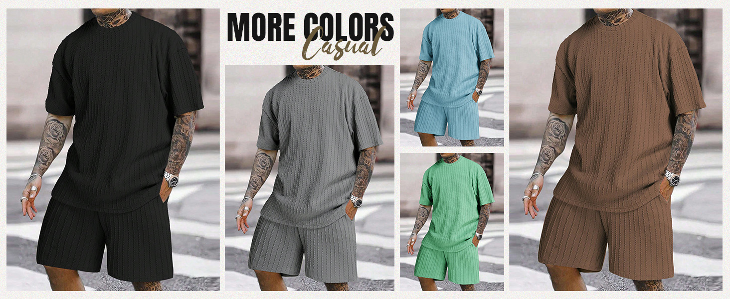 Men's 2 Piece Outfits Textured Drop Shoulder Short Sleeve Tee Tops and Short Sets Summer Outfits