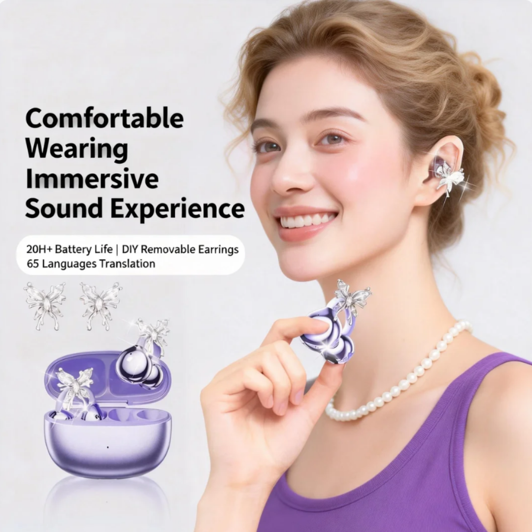 🎧2026 New Clip-on Open-ear Headphones – Wireless Bluetooth Earbuds With Ai Noise Cancelling, Rhinestone Decor & Water Resistant