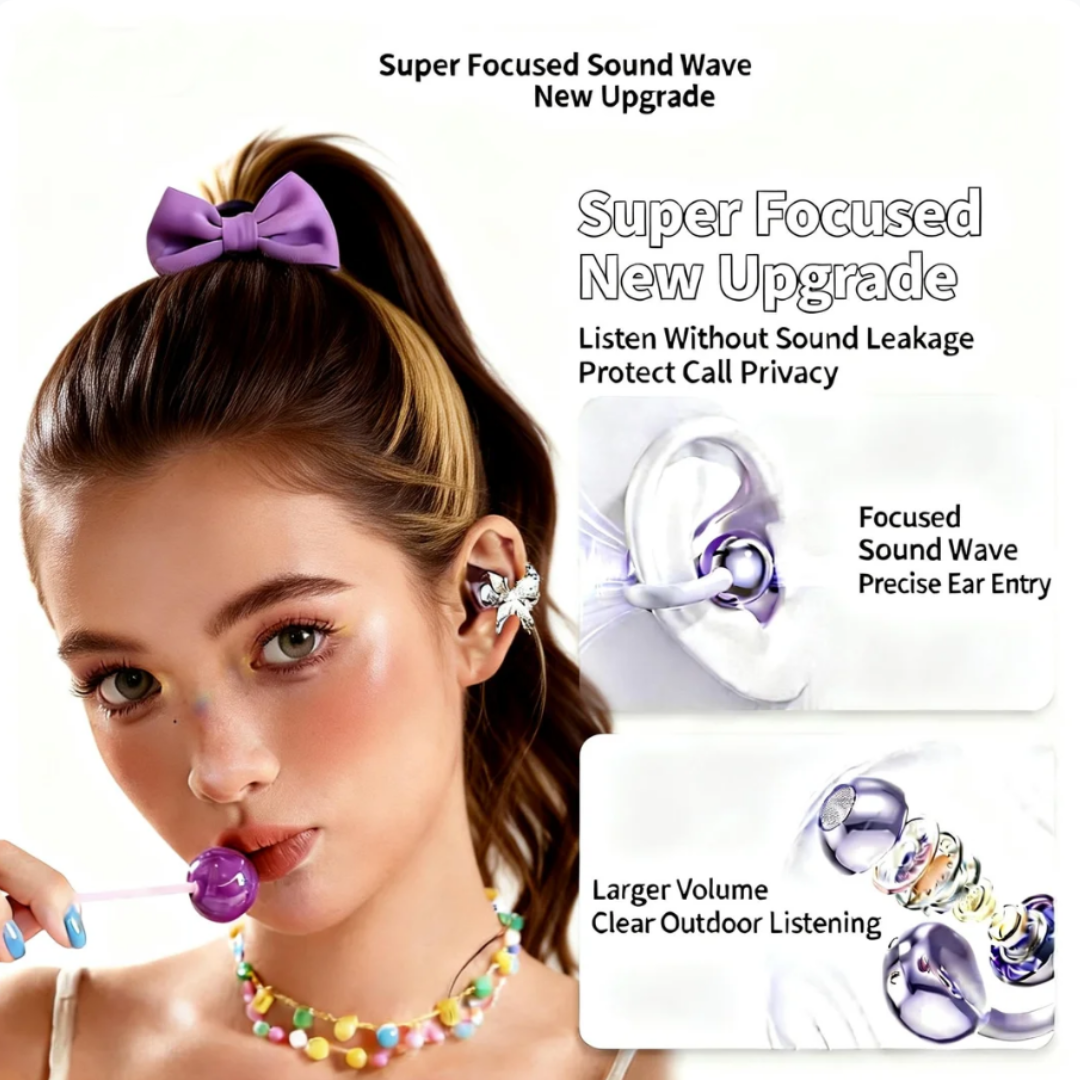 🎧2026 New Clip-on Open-ear Headphones – Wireless Bluetooth Earbuds With Ai Noise Cancelling, Rhinestone Decor & Water Resistant