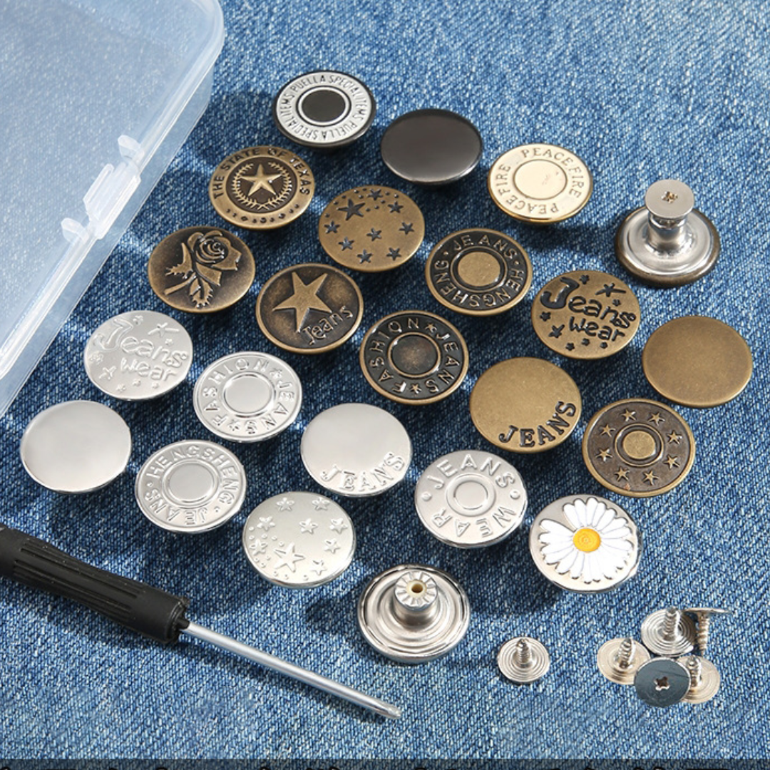 Adjustable Buttons For Jeans, 20mm No Sew Instant Metal Buttons, Removable Jean Buttons Replacement Repair Kit With Threads Rivets And Screwdriver