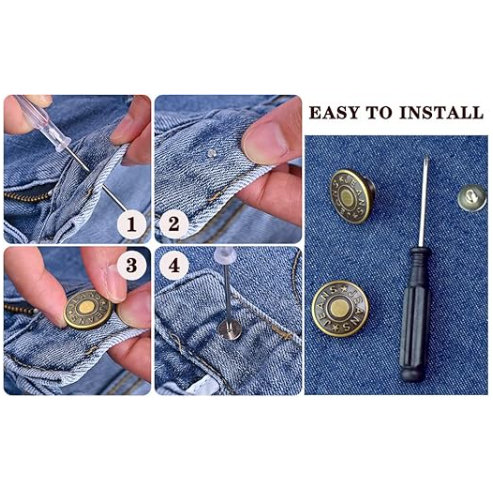 Adjustable Buttons For Jeans, 20mm No Sew Instant Metal Buttons, Removable Jean Buttons Replacement Repair Kit With Threads Rivets And Screwdriver