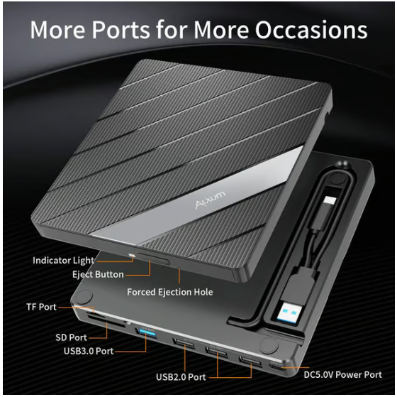 Laptop Dvd Player Usb C 3.0 Portable Cd Burner With Sd/tf Card Slot & 3 Usb Ports Compatible With Mac, Windows, Linux