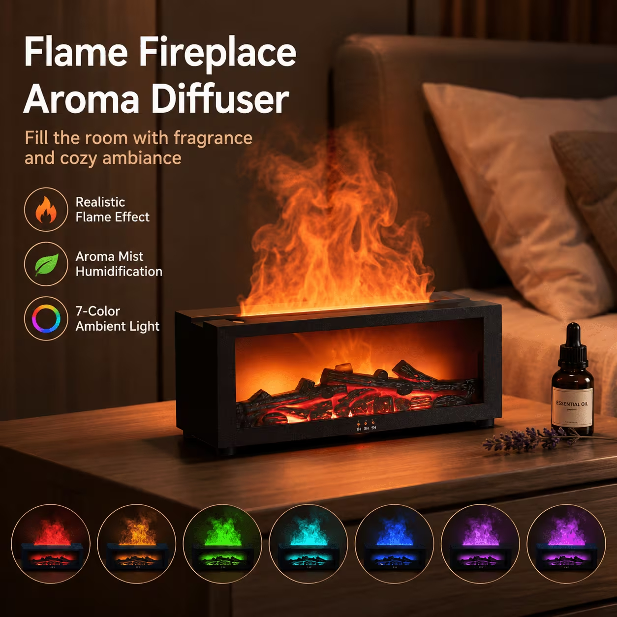 Docoss Charcoal Aroma Diffuser for Home Electric with 7 Colors, Aromatherapy Essential Oil Fragrance Diffuser & Fireplace Flame Diffuser with Remote for Home, Bedroom (Black)