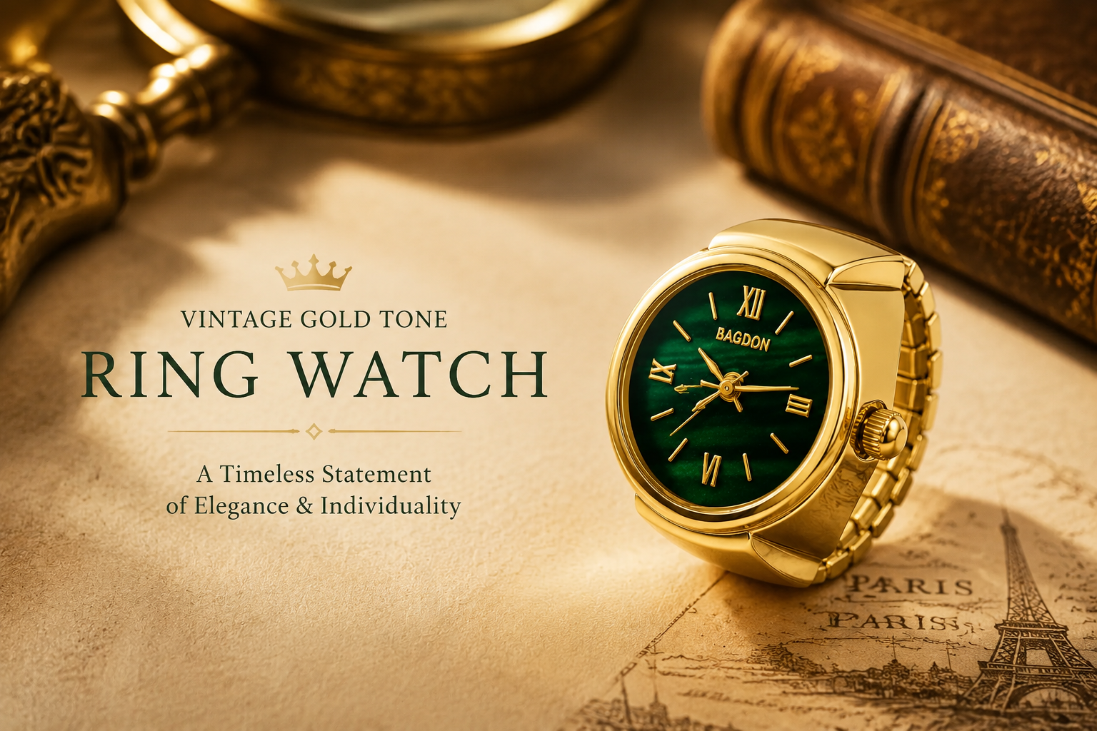 🕰️Vintage Gold-Tone Ring Watch – Green Roman Numeral Dial for Men & Women