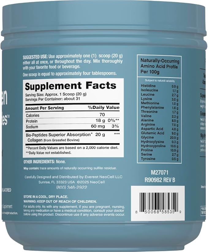NeoCell Collagen Bio-Peptides Powder | 22oz | Super Hair, Skin, and Nails | Superior Absorption | Grassfed Protein Supplement | Advanced with 18 Essential Amino Acids