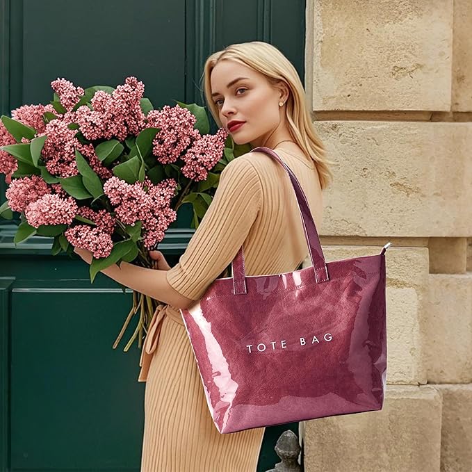 Handbag Women's Shopper Kraft Paper Bag Tote Bag Clear PVC Large Shoulder Bag with Zip for Beach, Work, Shopping, School