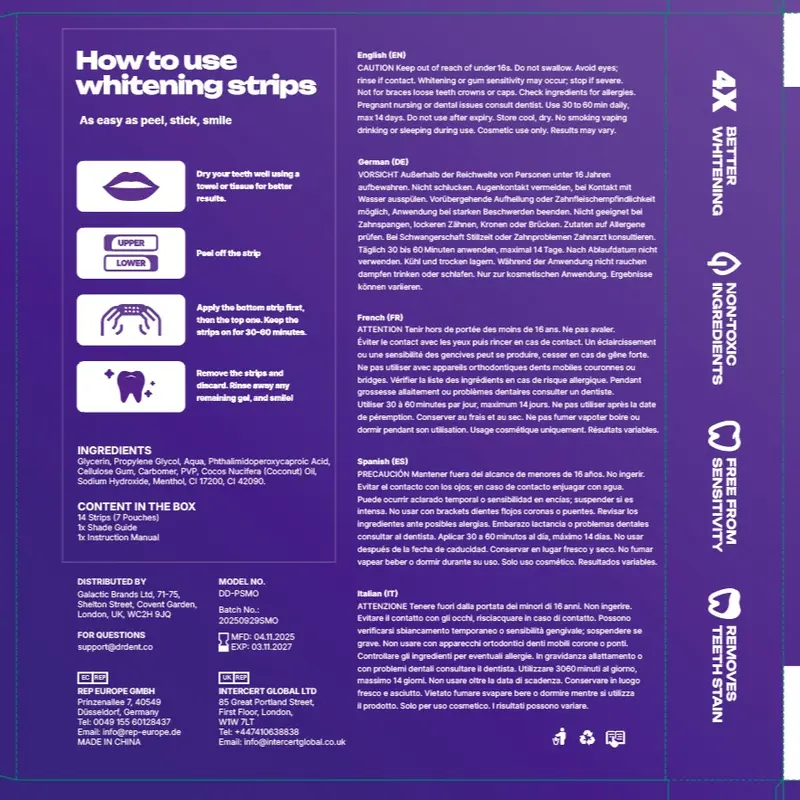 Drdent Purple Teeth Whitening Strips - 7/21 Whitening Sessions - Safe For Enamel - Non Sensitive Teeth Whitening - Peroxide-free