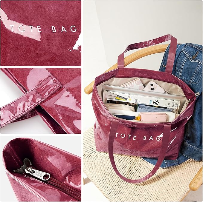 Handbag Women's Shopper Kraft Paper Bag Tote Bag Clear PVC Large Shoulder Bag with Zip for Beach, Work, Shopping, School
