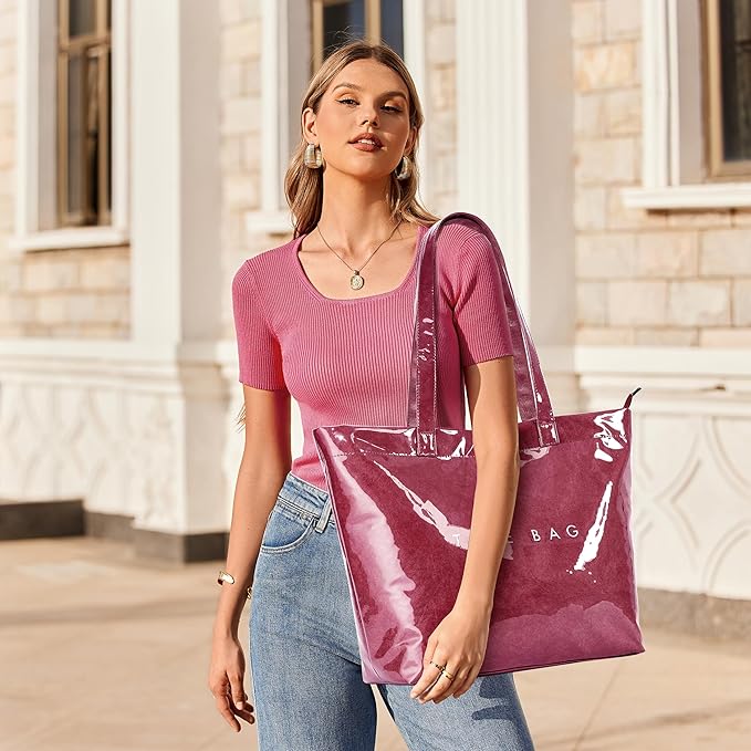 Handbag Women's Shopper Kraft Paper Bag Tote Bag Clear PVC Large Shoulder Bag with Zip for Beach, Work, Shopping, School