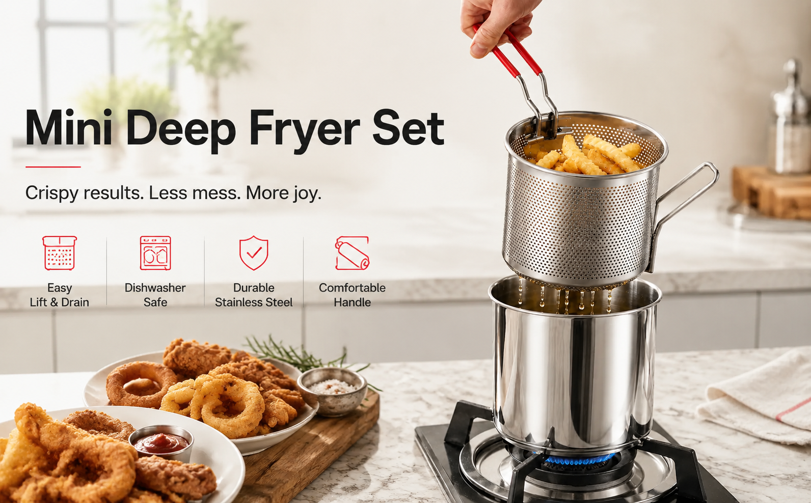 2026🔥🍟 Personal Mini Deep Fryer Set – Stainless Steel Pot with Lift-Out Draining Basket & Food Tongs